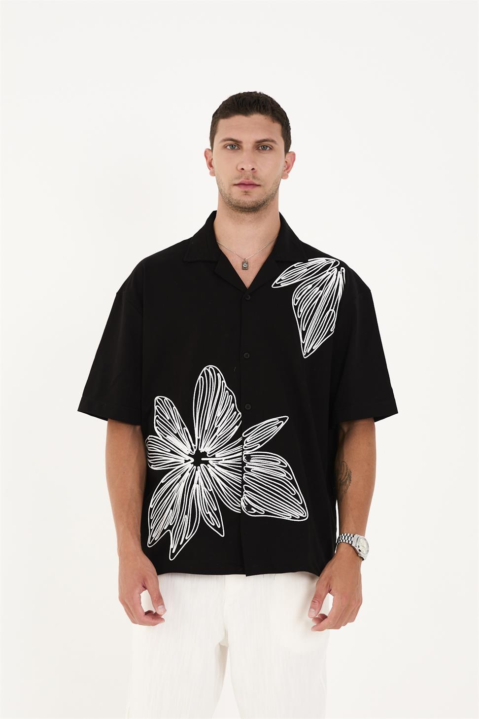 R-6094 Men’s 100% Cotton Supima Jersey Shirt – Black Short Sleeve with White Floral Embroidery