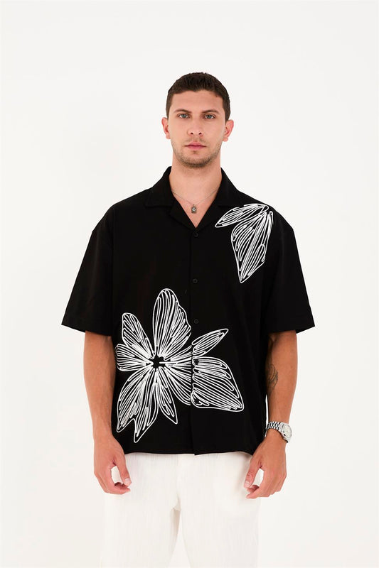 R-6094 Men’s 100% Cotton Supima Jersey Shirt – Black Short Sleeve with White Floral Embroidery