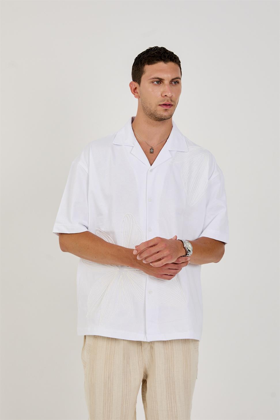 R-6094 Men’s 100% Cotton Supima Jersey Shirt – White Short Sleeve with Subtle Floral Embroidery