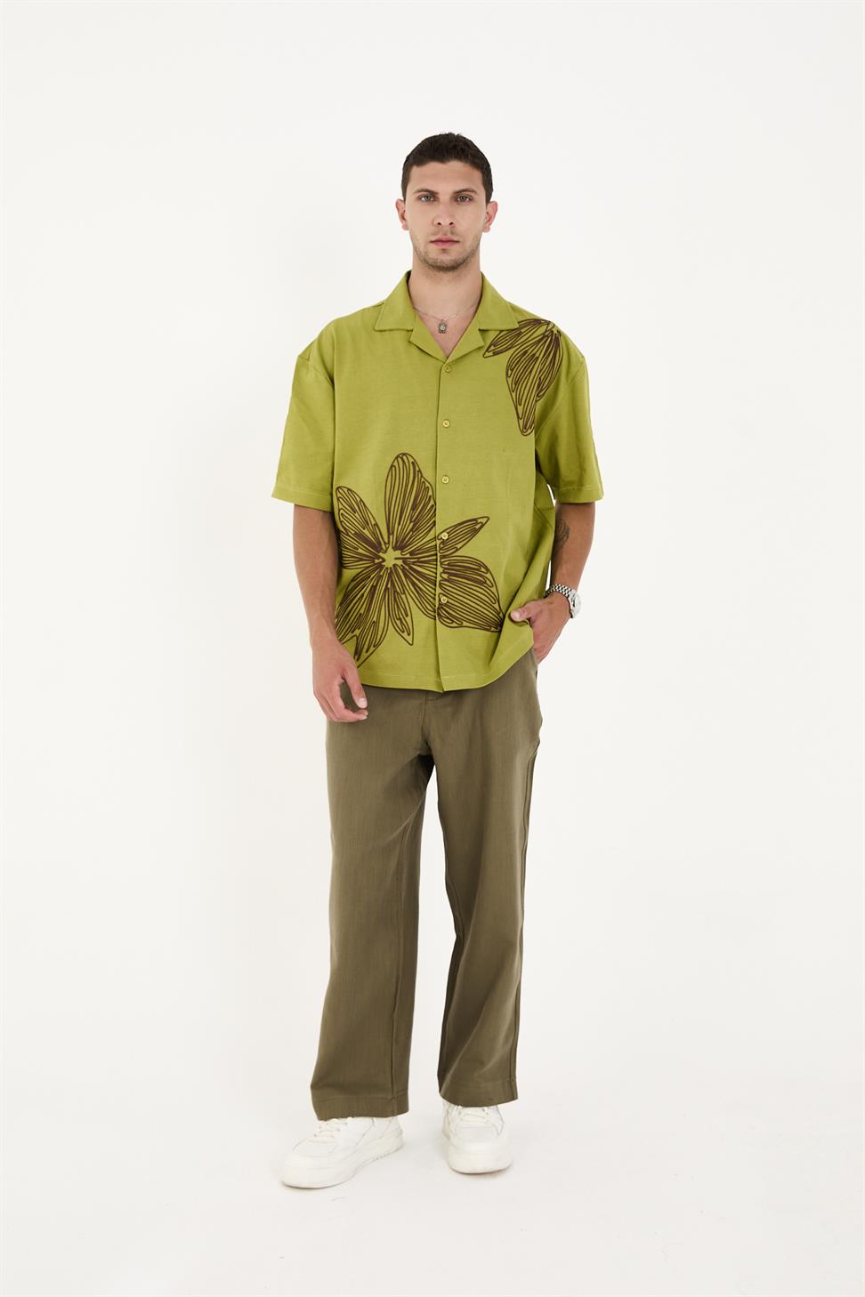 R-6094 R-6094 Men’s 100% Cotton Supima Jersey Shirt – Green Short Sleeve with Subtle Floral Embroidery