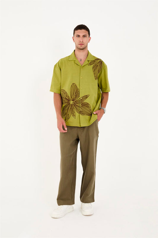 R-6094 R-6094 Men’s 100% Cotton Supima Jersey Shirt – Green Short Sleeve with Subtle Floral Embroidery