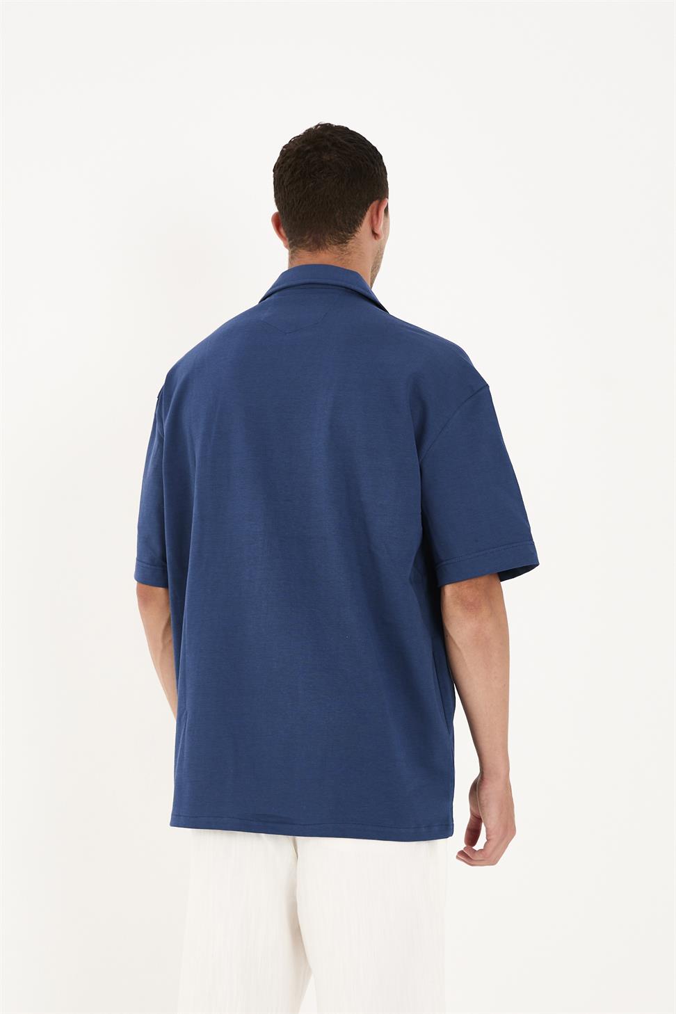 R-6094 R-6094 Men’s 100% Cotton Supima Jersey Shirt – Navy Short Sleeve with Subtle Floral Embroidery