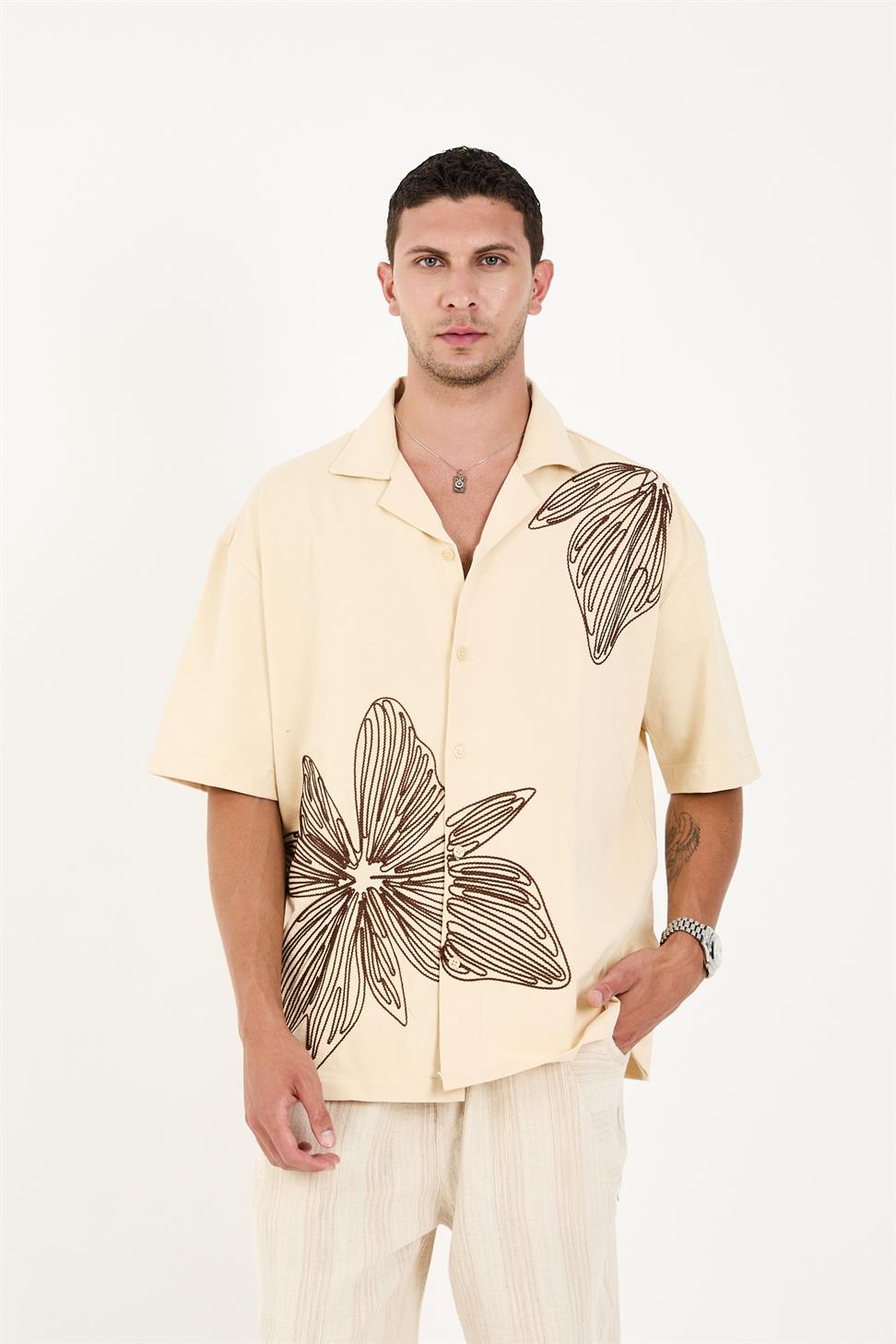 R-6094R-6094 Men’s 100% Cotton Supima Jersey Shirt – Beige Short Sleeve with Subtle Floral Embroidery