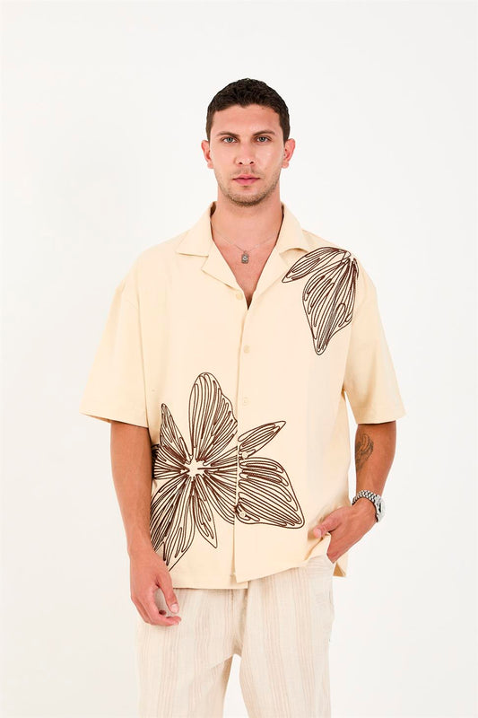 R-6094R-6094 Men’s 100% Cotton Supima Jersey Shirt – Beige Short Sleeve with Subtle Floral Embroidery