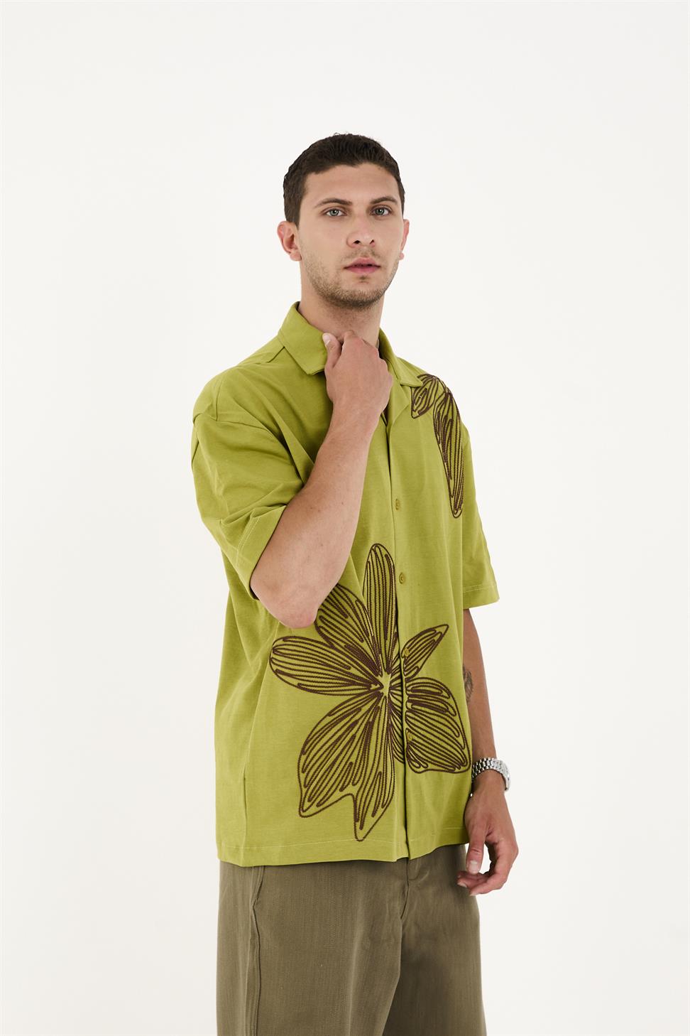 R-6094 R-6094 Men’s 100% Cotton Supima Jersey Shirt – Green Short Sleeve with Subtle Floral Embroidery