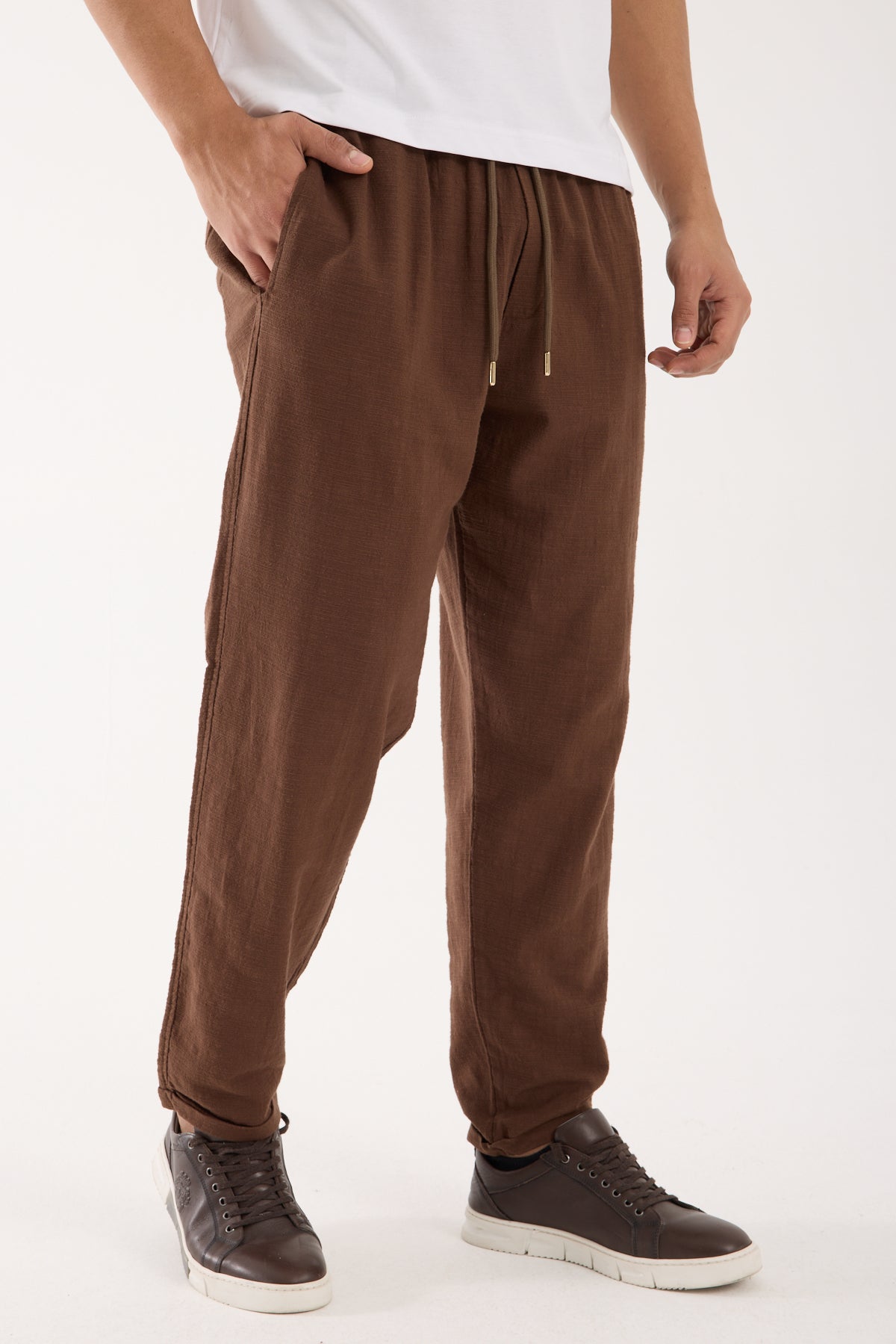 R-4222 Double Cuff Linen Pants – Light Brown (100% Cotton Linen)