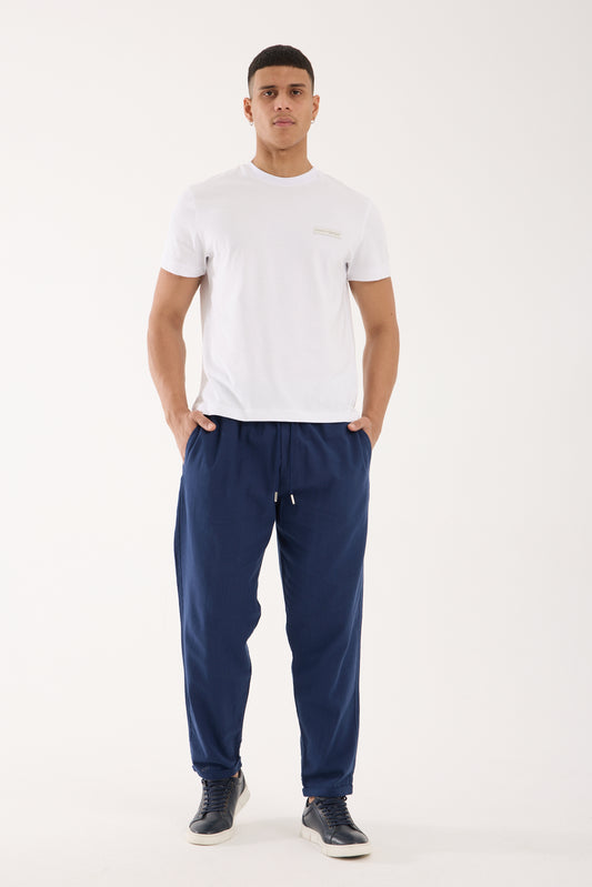 R-4222 Double Cuff Linen Pants – Navy Blue (100% Cotton Linen)