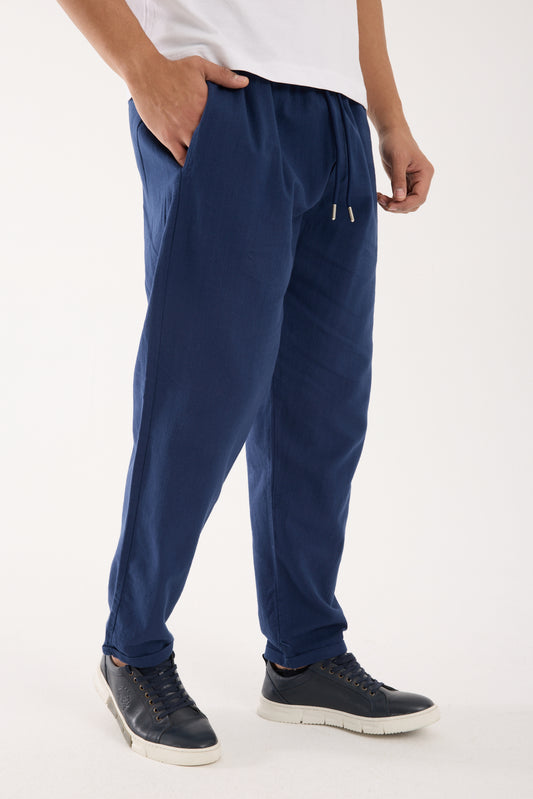 R-4222 Double Cuff Linen Pants – Navy Blue (100% Cotton Linen)