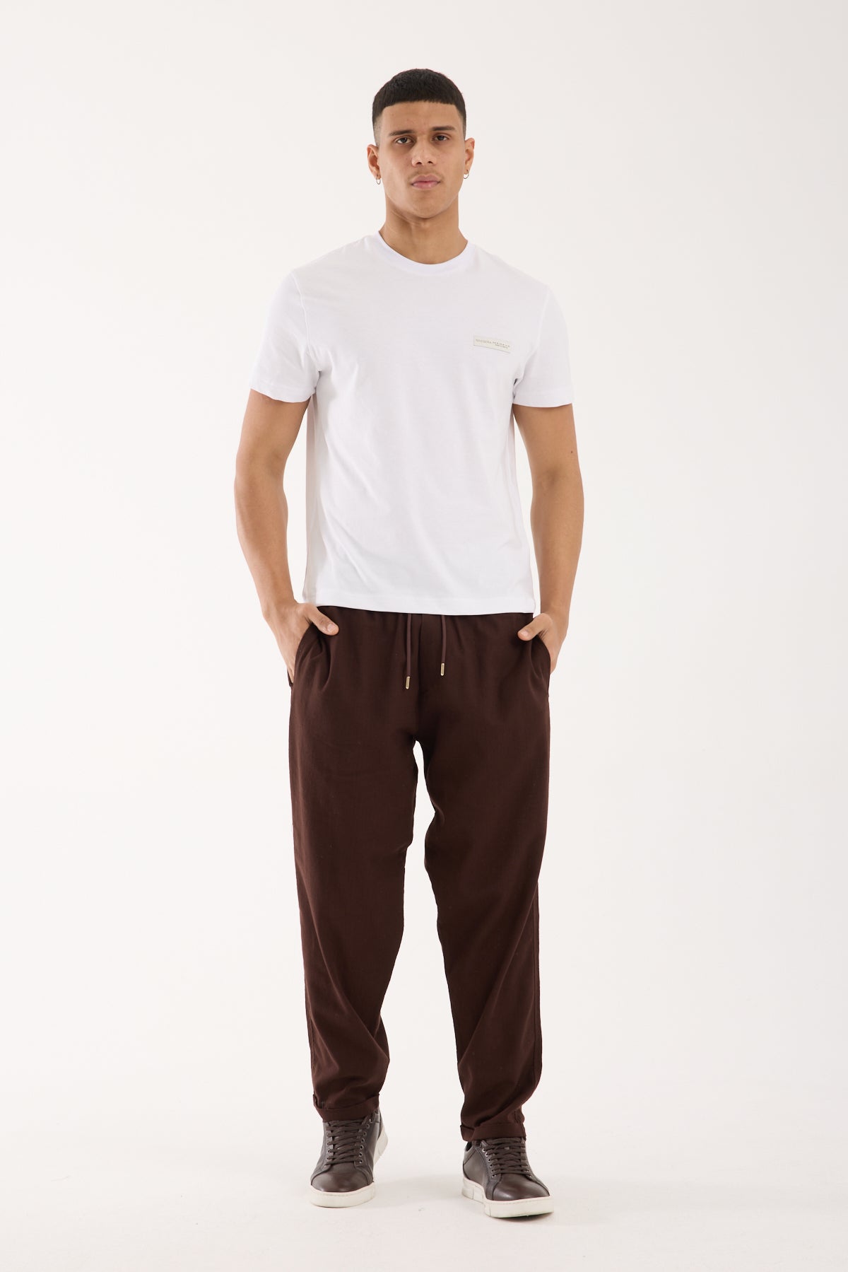 R-4222 Double Cuff Linen Pants Brown (100% Cotton Linen)