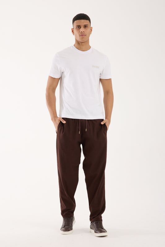 R-4222 Double Cuff Linen Pants Brown (100% Cotton Linen)