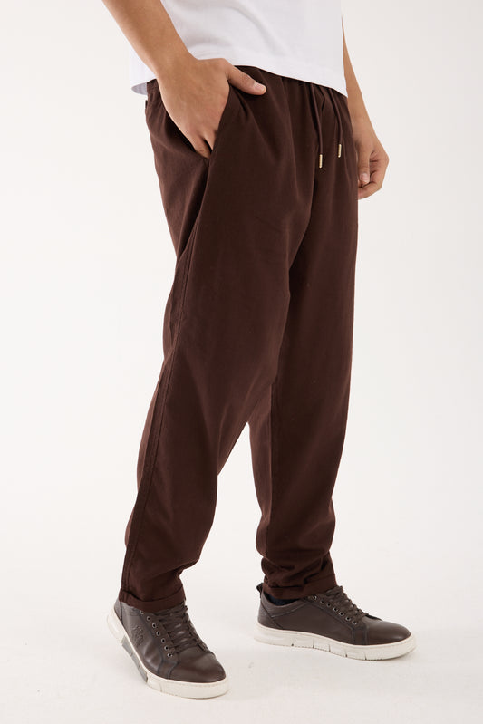R-4222 Double Cuff Linen Pants Brown (100% Cotton Linen)