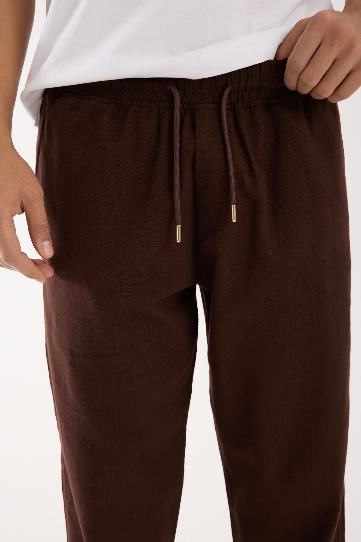R-4222 Double Cuff Linen Pants Brown (100% Cotton Linen)