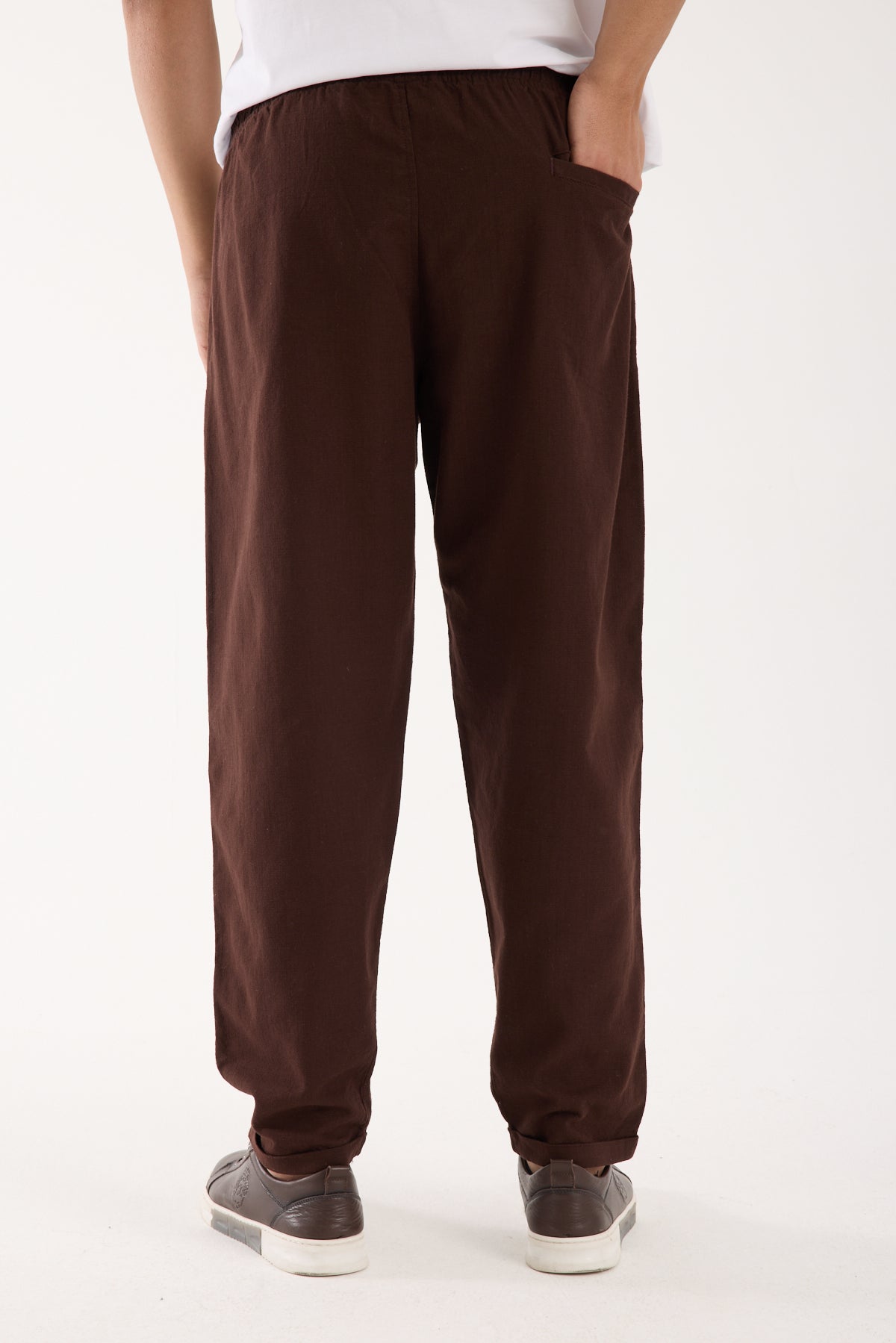 R-4222 Double Cuff Linen Pants Brown (100% Cotton Linen)