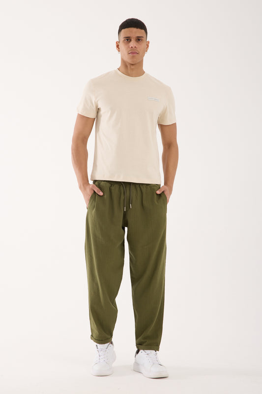 R-4222 Double Cuff Linen Pants Khaki Green (100% Cotton Linen)
