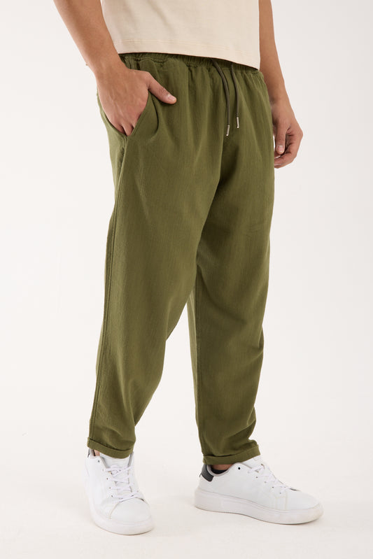 R-4222 Double Cuff Linen Pants Khaki Green (100% Cotton Linen)