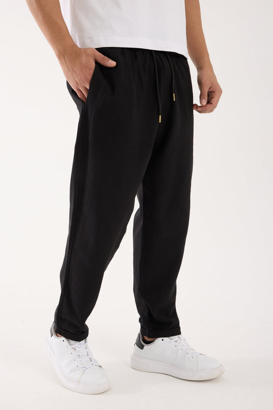 R-4222 Double Cuff Linen Pants – Black (100% Cotton Linen)