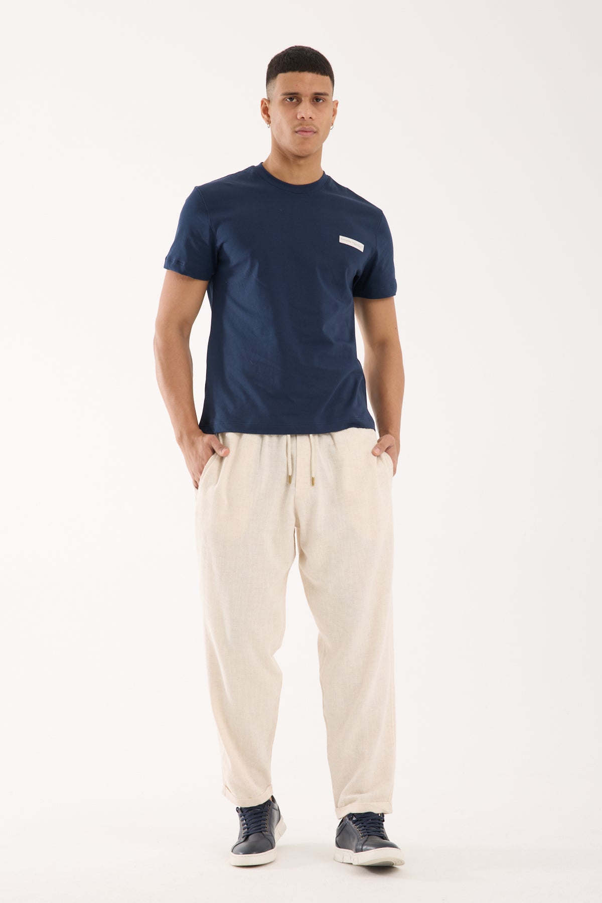 R-4222 Double Cuff Linen Pants – Beige (100% Cotton Linen)