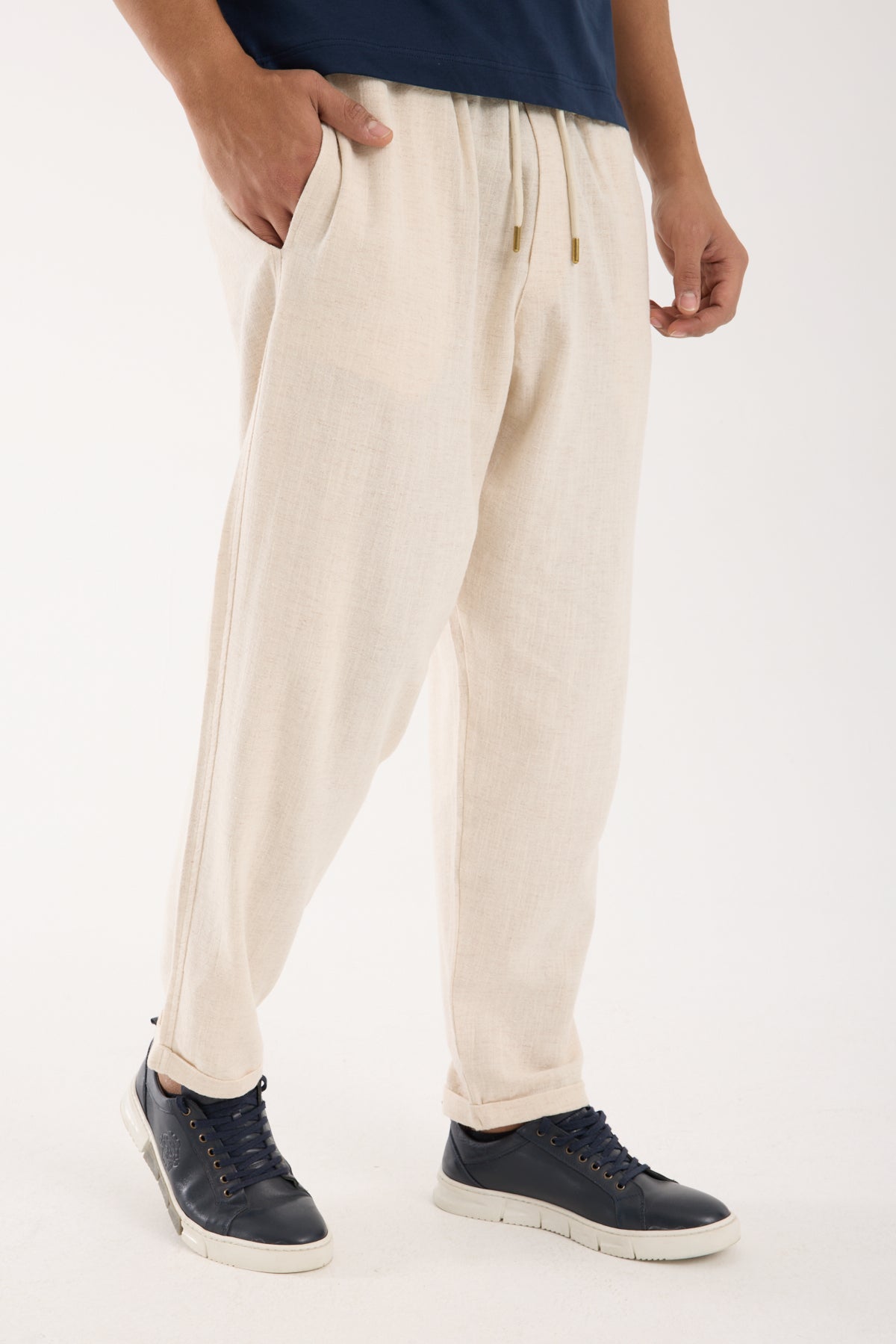 R-4222 Double Cuff Linen Pants – Beige (100% Cotton Linen)