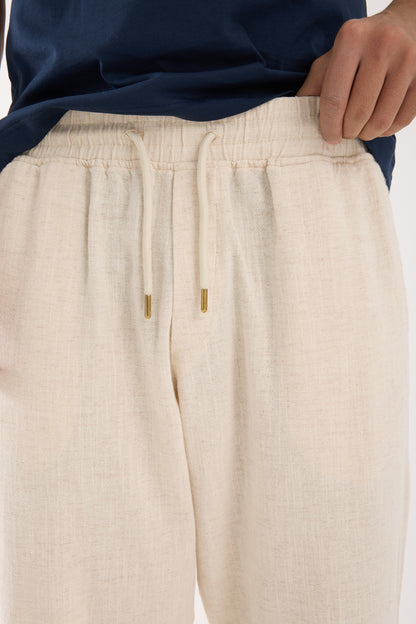 R-4222 Double Cuff Linen Pants – Beige (100% Cotton Linen)