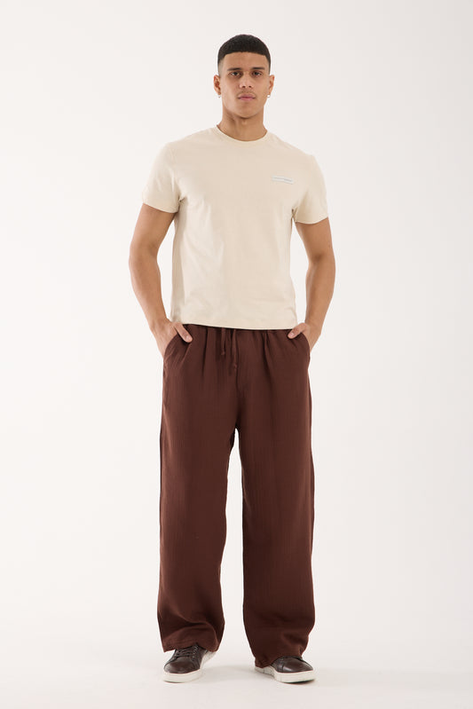 R-4437 Elastic Waist Muslin Pants Brown (100% Cotton Muslin)