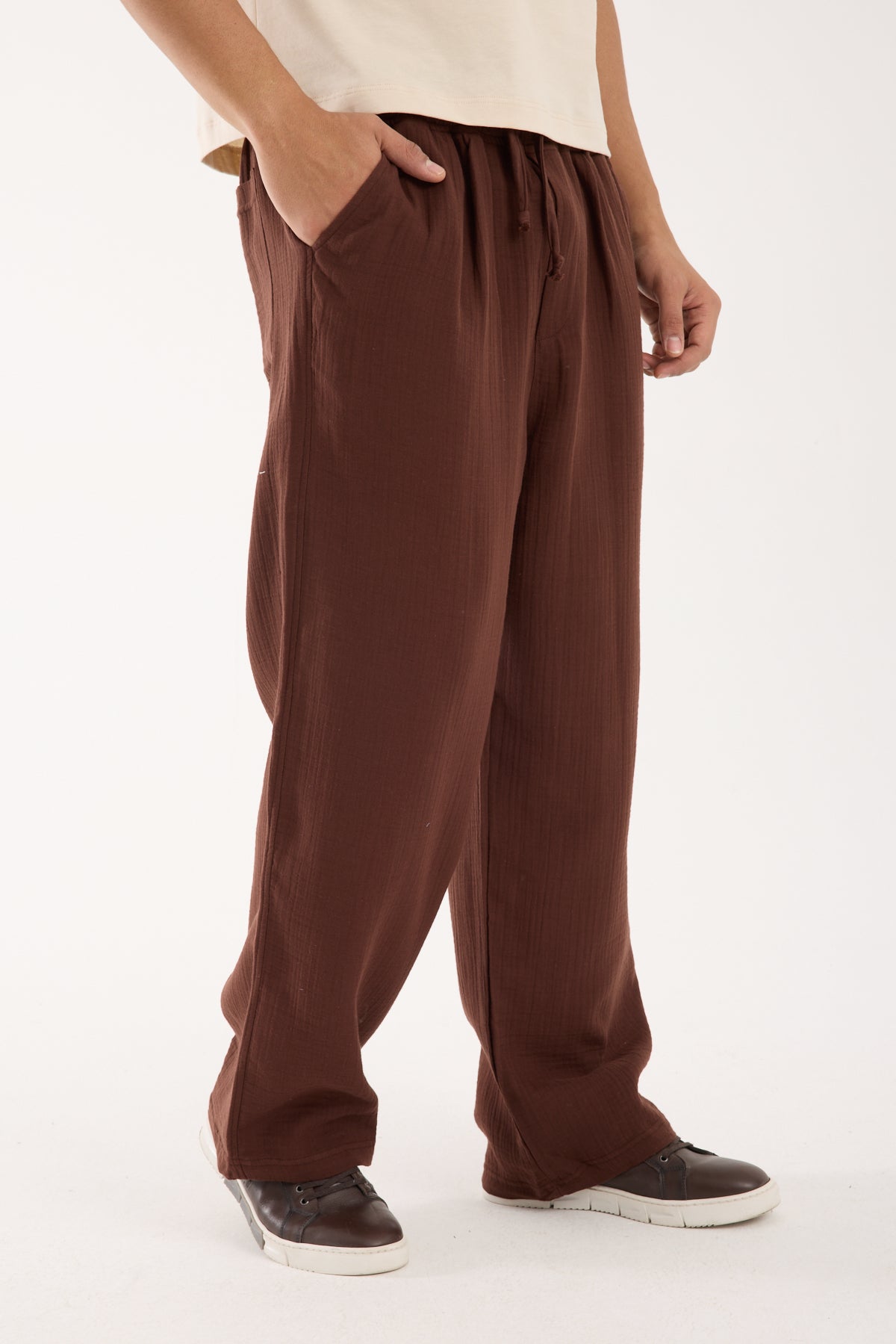 R-4437 Elastic Waist Muslin Pants Brown (100% Cotton Muslin)