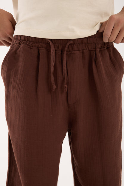 R-4437 Elastic Waist Muslin Pants Brown (100% Cotton Muslin)