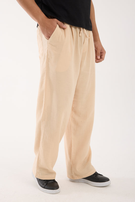 R-4437 Elastic Waist Muslin Pants Beige (100% Cotton Muslin)