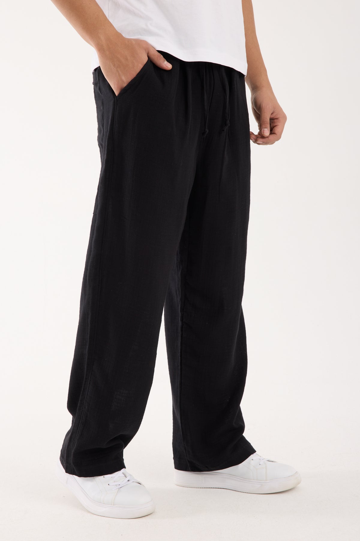 R-4437 Elastic Waist Muslin Pants – Black (100% Cotton Muslin)