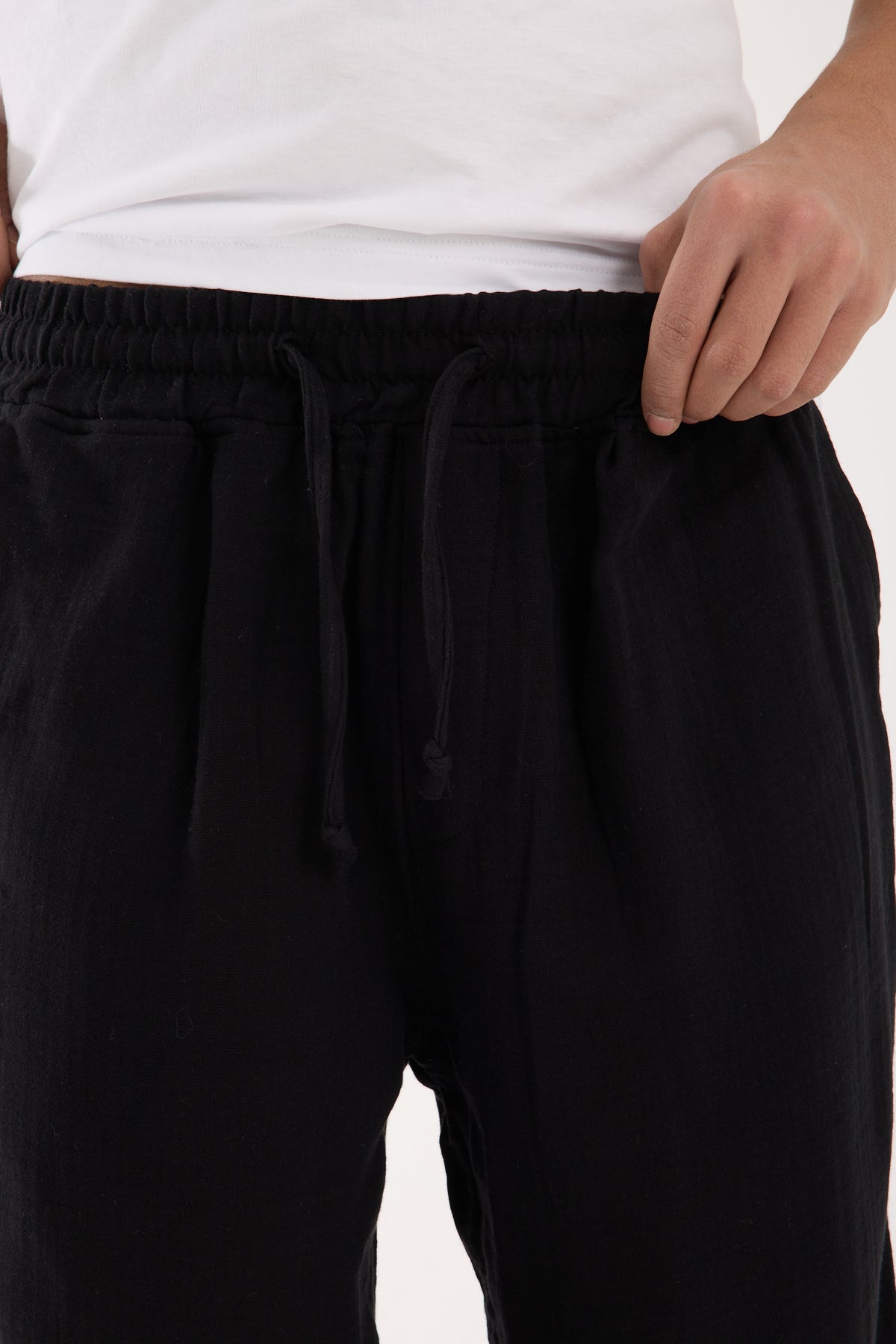R-4437 Elastic Waist Muslin Pants – Black (100% Cotton Muslin)