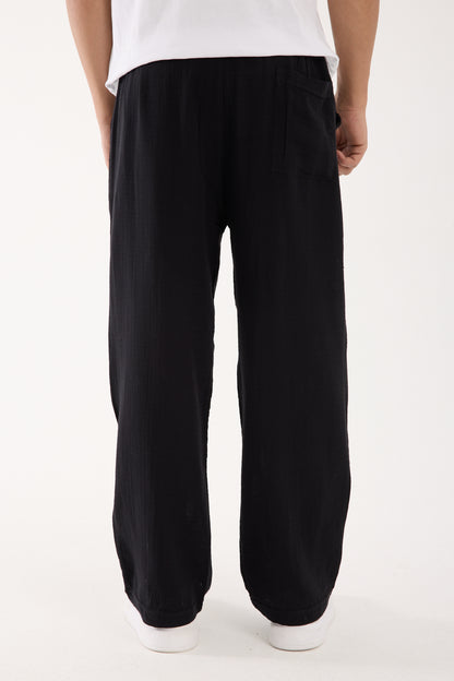 R-4437 Elastic Waist Muslin Pants – Black (100% Cotton Muslin)