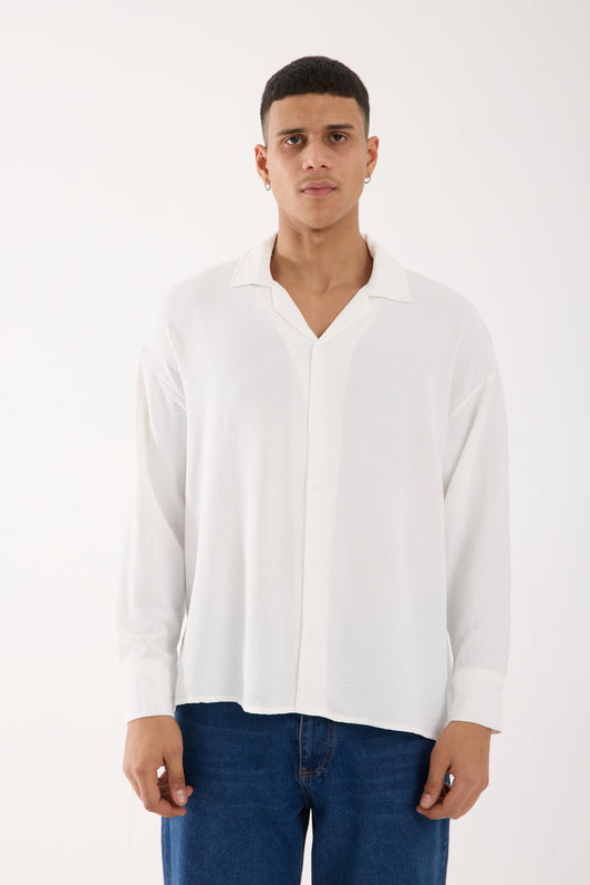 R-3575 Oversized Open Collar Long Sleeve Aerobin Shirt White