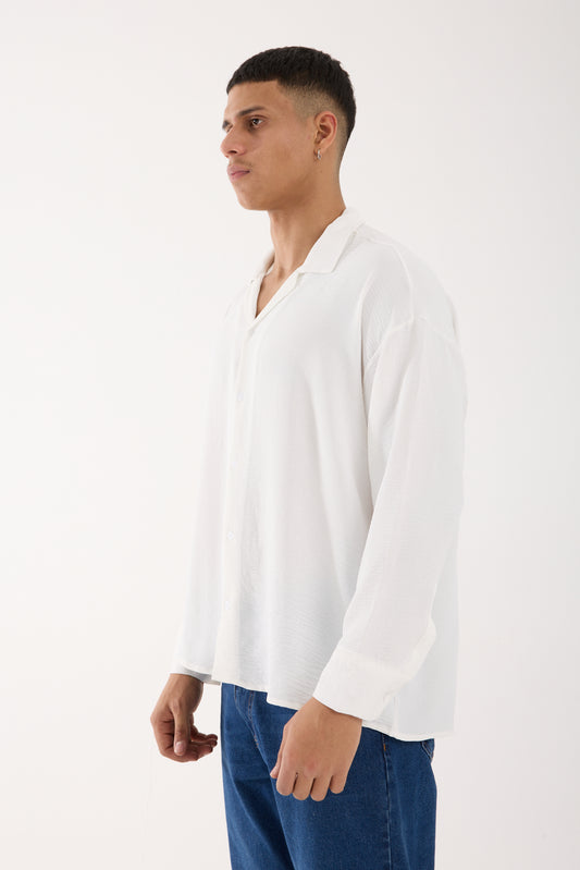 R-3575 Oversized Open Collar Long Sleeve Aerobin Shirt White