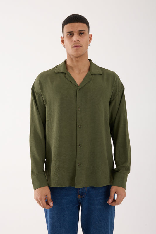 R-3575 Oversized Open Collar Long Sleeve Aerobin Shirt – Khaki