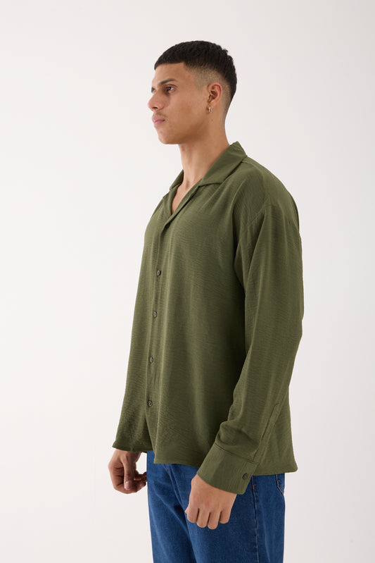 R-3575 Oversized Open Collar Long Sleeve Aerobin Shirt – Khaki