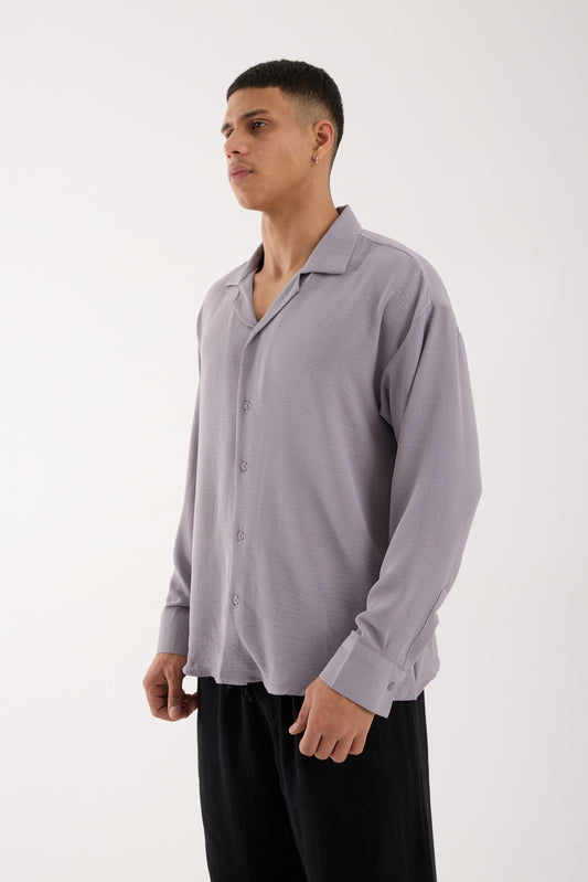 Men’s Oversized Open Collar Aerobin Shirt – Relaxed Fit Lightweight Grey Long Sleeve Shir