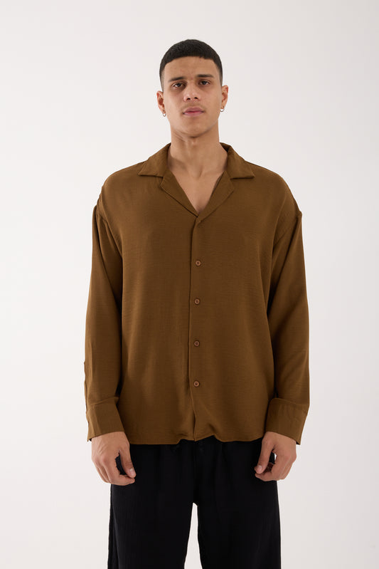 Men’s Oversized Open Collar Aerobin Shirt – Relaxed Fit Lightweight Brown Long Sleeve Shirt