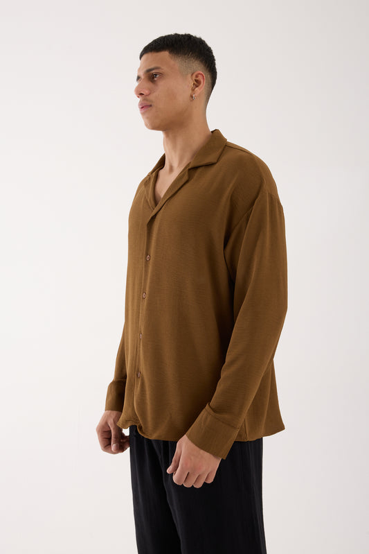 Men’s Oversized Open Collar Aerobin Shirt – Relaxed Fit Lightweight Brown Long Sleeve Shirt
