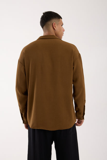 Men’s Oversized Open Collar Aerobin Shirt – Relaxed Fit Lightweight Brown Long Sleeve Shirt