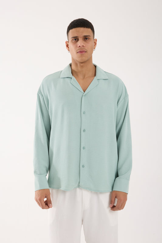 Men’s Oversized Open Collar Aerobin Shirt – Relaxed Fit Lightweight Mint Green Long Sleeve Shirt