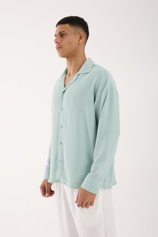 Men’s Oversized Open Collar Aerobin Shirt – Relaxed Fit Lightweight Mint Green Long Sleeve Shirt