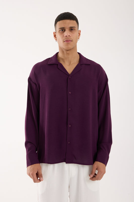 Men’s Oversized Open Collar Aerobin Shirt – Relaxed Fit Lightweight Purple Long Sleeve Shirt