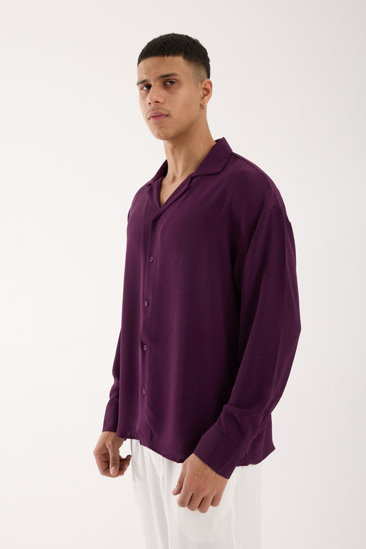 Men’s Oversized Open Collar Aerobin Shirt – Relaxed Fit Lightweight Purple Long Sleeve Shirt