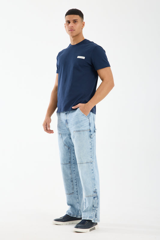 Washed Light Blue Wide Leg Denim Jeans for Men