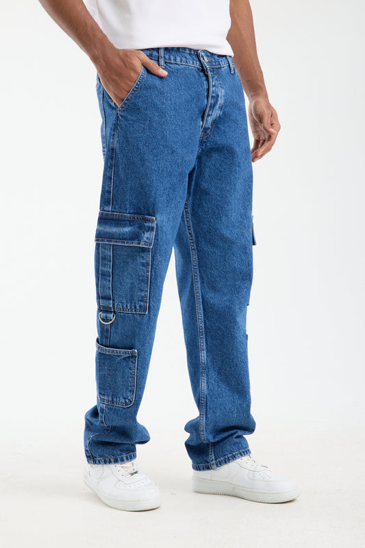 Men’s Washed Navy Blue Jeans with Side Pocket DetailT-3245