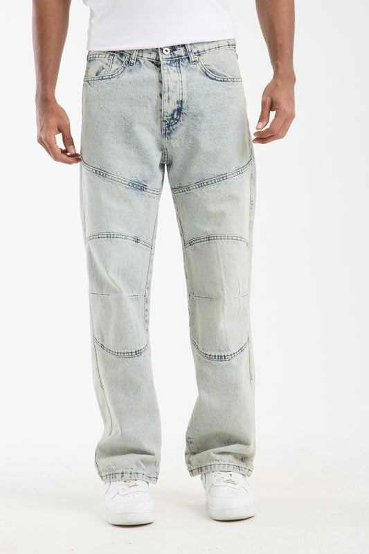 Men’s Washed Blue Panelled Jeans – Relaxed Fit Streetwear | T-3141