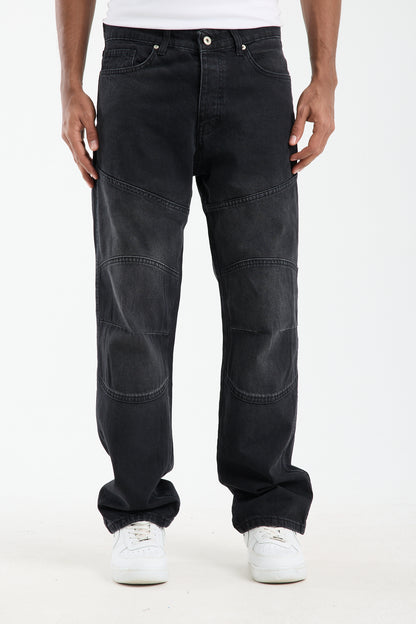 Men’s Washed Grey Panelled Jeans – Relaxed Fit Streetwear | T-3141