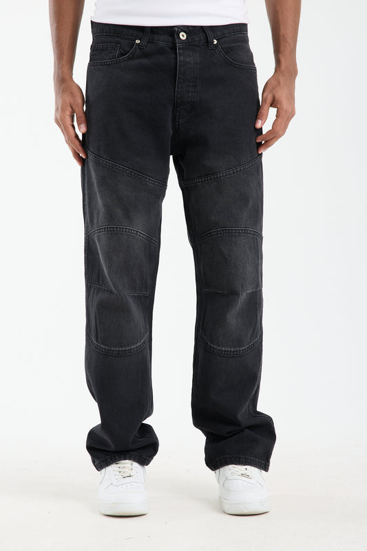 Men’s Washed Grey Panelled Jeans – Relaxed Fit Streetwear | T-3141