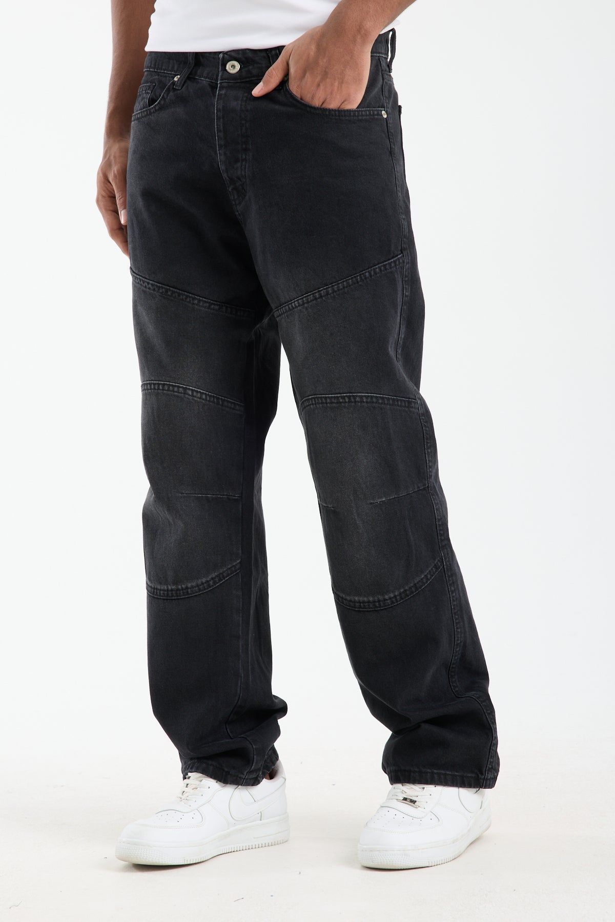 Men’s Washed Grey Panelled Jeans – Relaxed Fit Streetwear | T-3141