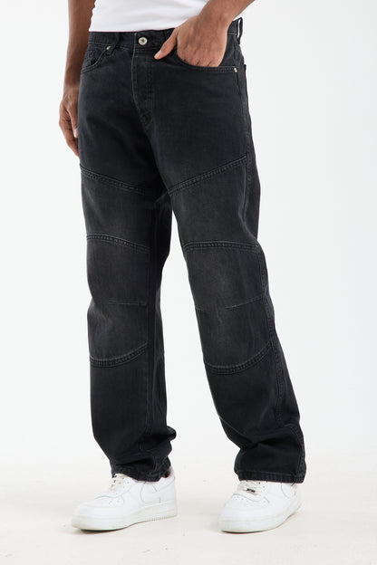 Men’s Washed Grey Panelled Jeans – Relaxed Fit Streetwear | T-3141