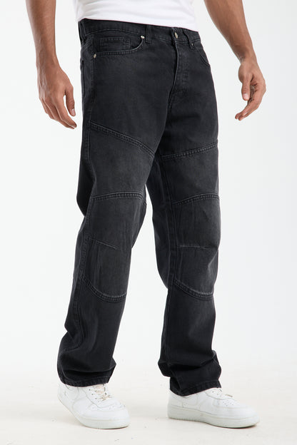 Men’s Washed Grey Panelled Jeans – Relaxed Fit Streetwear | T-3141